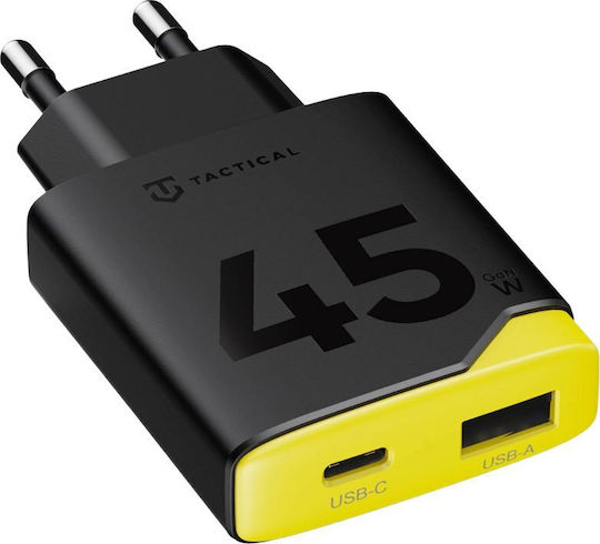 Tactical Φορτιστής Χωρίς Καλώδιο GaN με Θύρα USB-A και Θύρα USB-C 45W Power Delivery Μαύρος (Minimi)