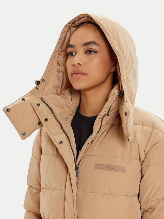 Μακρύ Γυναικείο Puffer Μπουφάν για Χειμώνα Beige