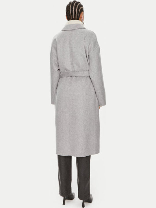 Μάλλινο Γυναικείο Παλτό Gray Oversized με Ζώνη