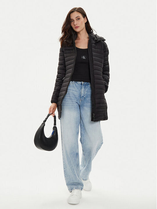 Μακρύ Γυναικείο Puffer Μπουφάν για Χειμώνα Black