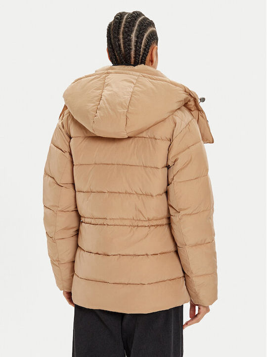 Μακρύ Γυναικείο Puffer Μπουφάν για Χειμώνα Beige