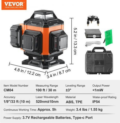 Vevor Self-leveling Linear Laser Level Green Beam with Working Range 30m