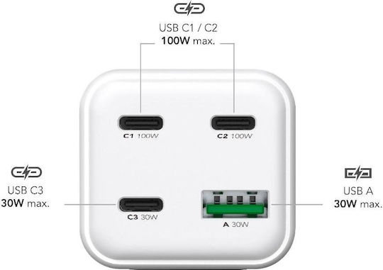 MediaRange GaN Charging Station with USB-A Port and 3 USB-C Ports 100W Power Delivery / Quick Charge 3.0 in White (MRMA124)