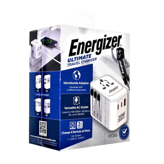 Energizer Wireless Charger with USB-A Port and 2 USB-C Ports 18W White