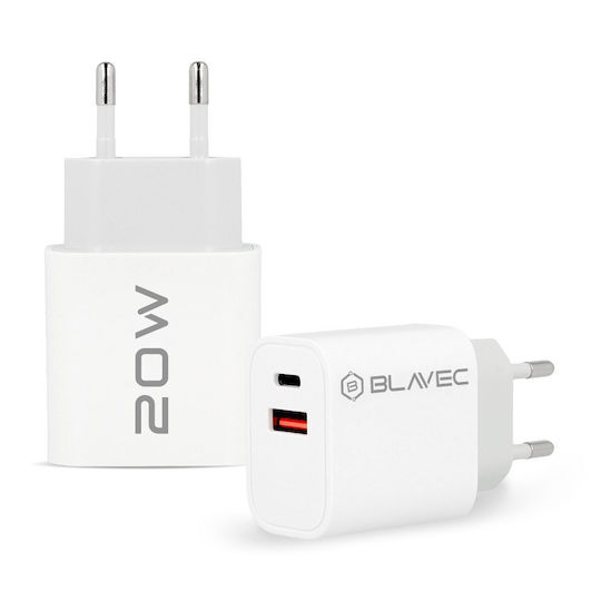 Blavec Charger with USB-A Port and USB-C Port and Cable USB-C - USB-C 20W Power Delivery / Quick Charge 3.0 Whites (TCBC2-UCW20+CC)