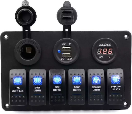 Kewig Sp10 Panel 6 Waterproof Switches Lighter 2 X Usb Voltmeter Blue