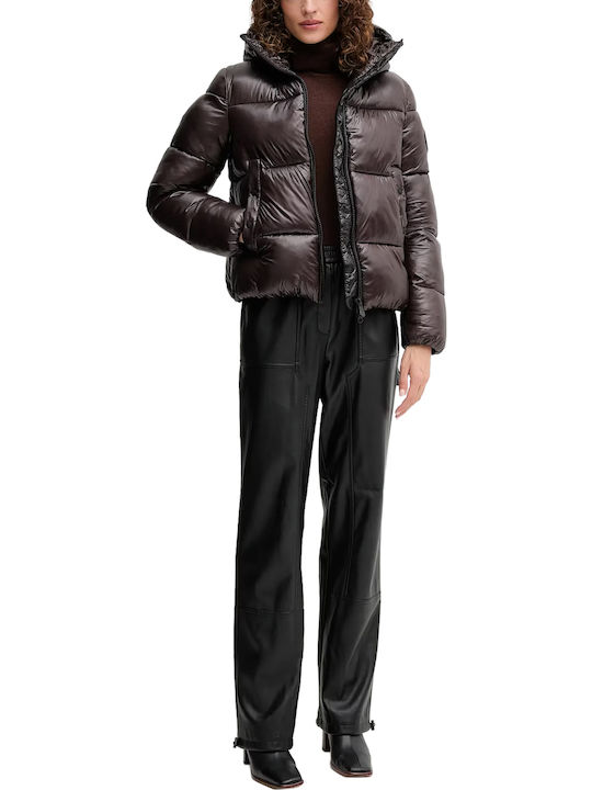 Women's Puffer Jacket for Winter Brown Black