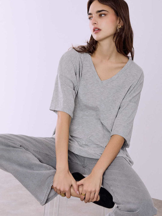 Celestino Women's Blouse Turned Sleeve Loose Fit Light Gray