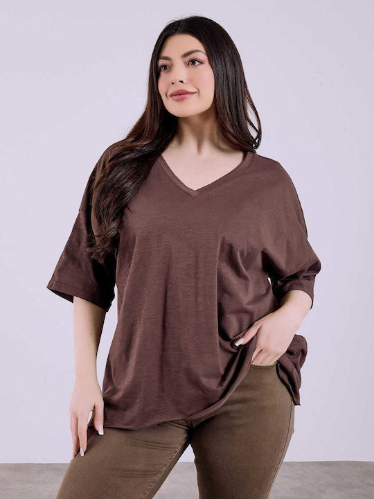 Celestino Women's Blouse Turned Sleeve Loose Fit Brown