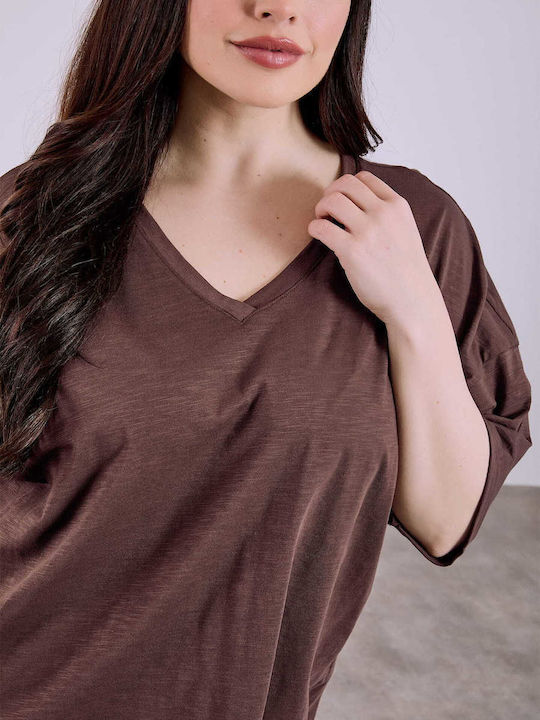 Celestino Women's Blouse Turned Sleeve Loose Fit Brown