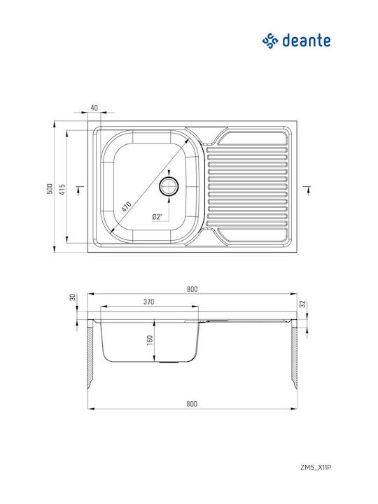 Deante Ένθετος Νεροχύτης Δεξιός Inox με Μπαταρία Μ50xΠ80cm Γκρι