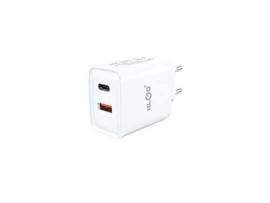 KLGO Charger with USB-A Port and USB-C Port and USB-C - USB-C Cable 35W Power Delivery White (PD-22)