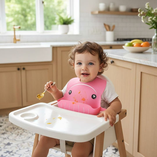 Queen Mother Happy Whale Waterproof Silicone Baby Bib with Pocket Pink