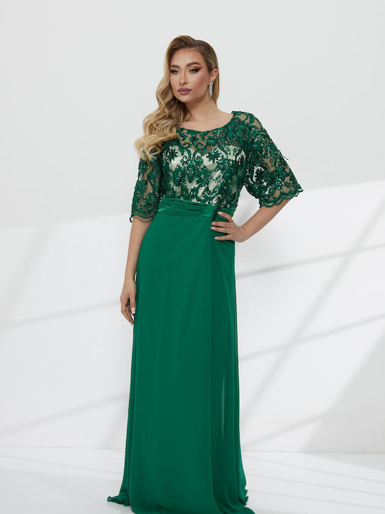 Maxi Dress for Wedding - Christening with Lace Green