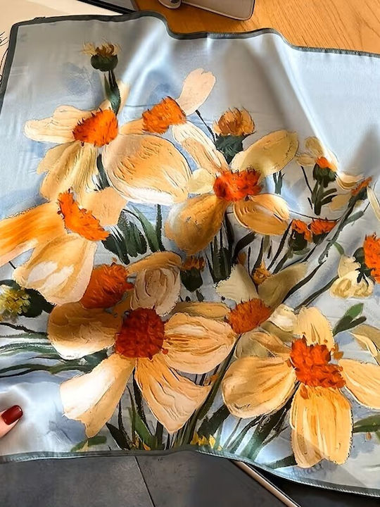 By Queen Сатенен Шал С Впечатляващи Цветя Светлосин