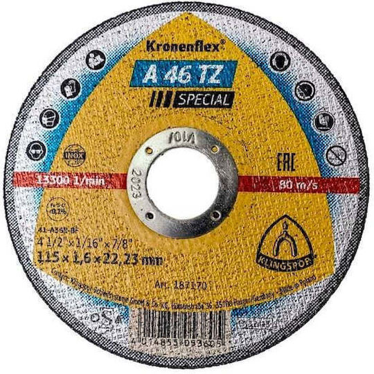 Disc De Tăiere Din Oțel Inoxidabil Klingspor A 46 Tz Special 115 X 1.6 X 22.23 Mm Ext 187170