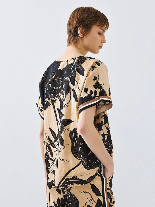 Women's Cotton Short Sleeve Blouse with V-Neckline Striped Printed