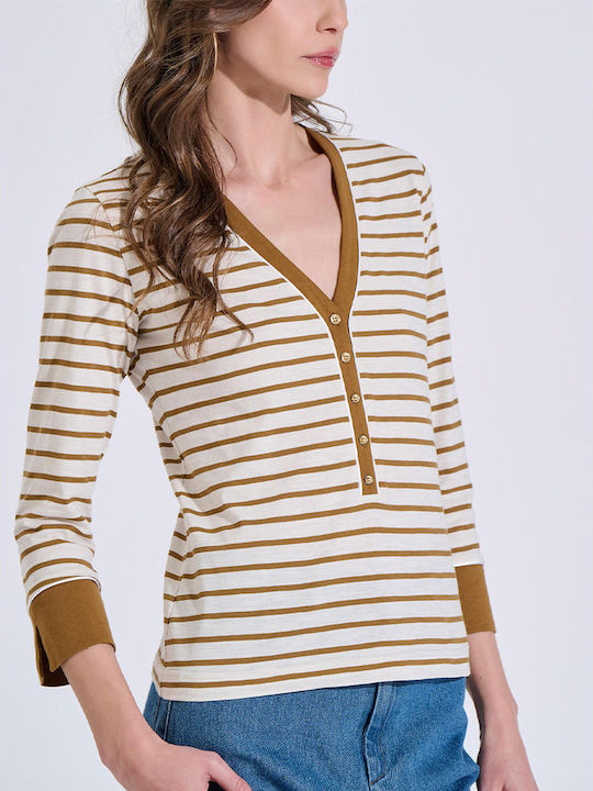 Women's Cotton Blouse with V-Neck Striped Ecru