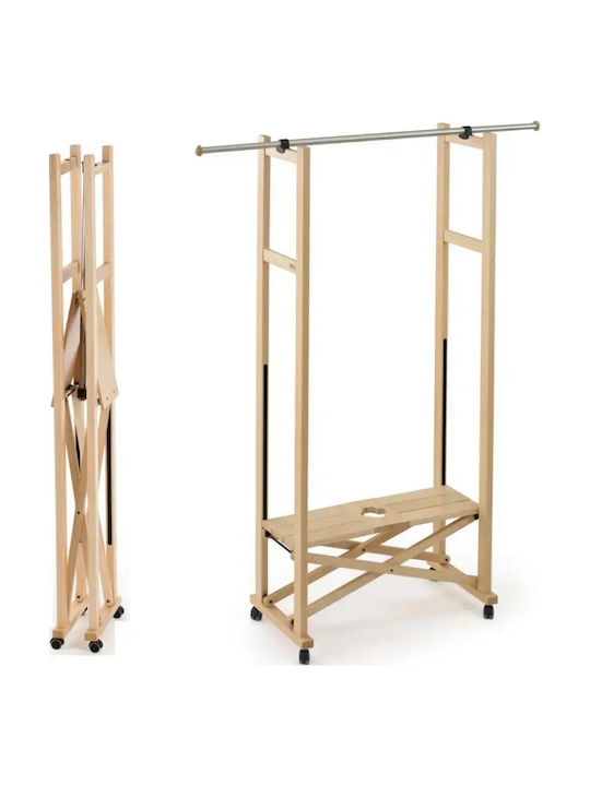 Arredamenti Italia Teleskopischer Kleiderständer aus Holz mit Rädern Beiges 78x78x168cm