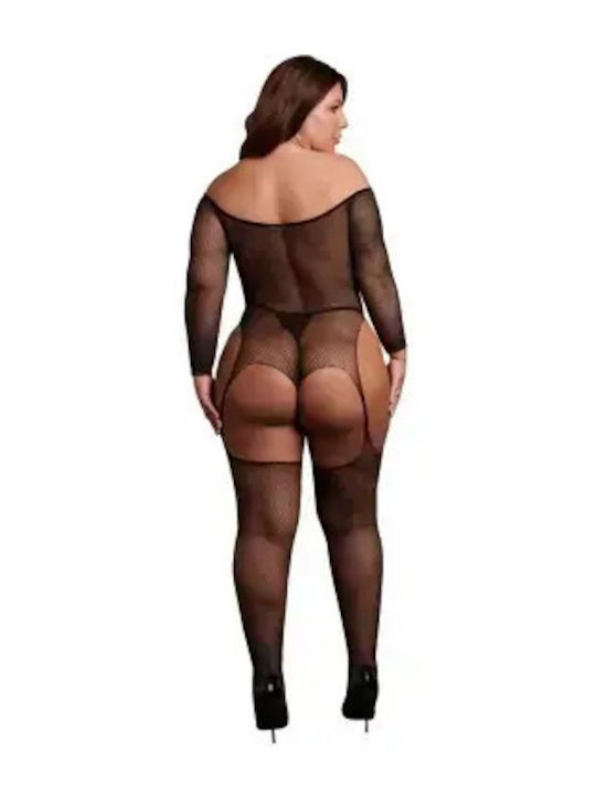 Διχτυωτό Bodystocking Off-shoulder Μαύρο Χρυσό Plus Size Xl-4xl Le Desir