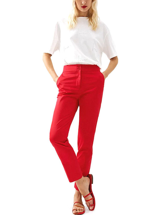 Women's High Rise Fabric Trousers in Slim Fit Red