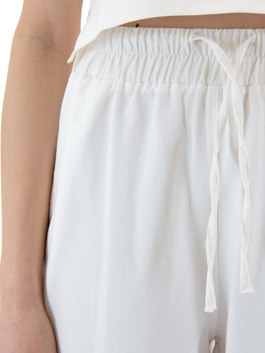 Pants Women's Fabric Trousers with Rubber Band White