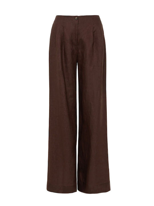 Women's High Rise Linen Pantaloons in Wide Leg Style Brown