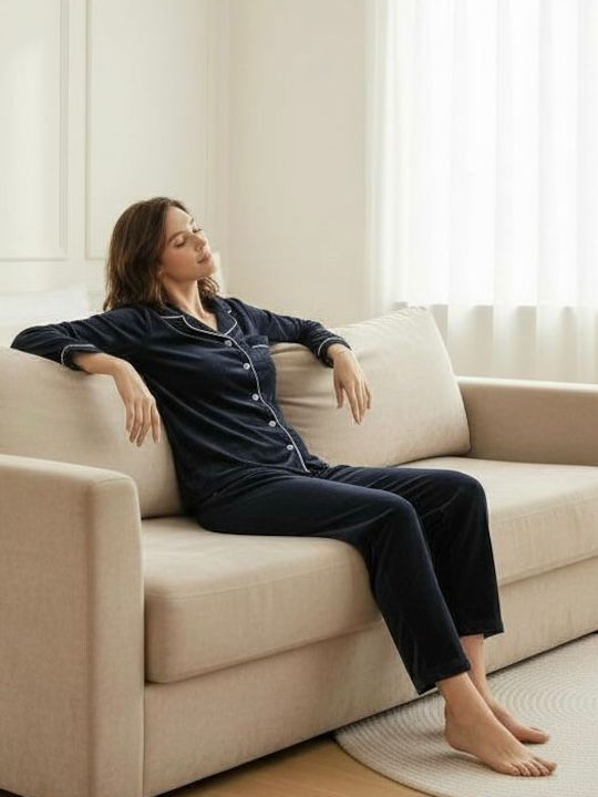 Winter Damen Schlafanzug Set Blau