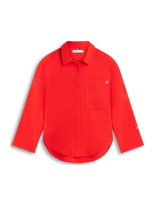 Long Sleeve Women's Linen Shirt Red
