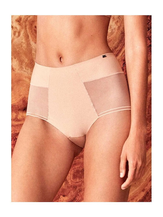Ψηλόμεσο Γυναικείο Slip χωρίς Ραφές με Δαντέλα Nude