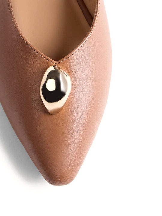 Leather Women's Ballerina Shoes with Strap in Tabac Brown Color