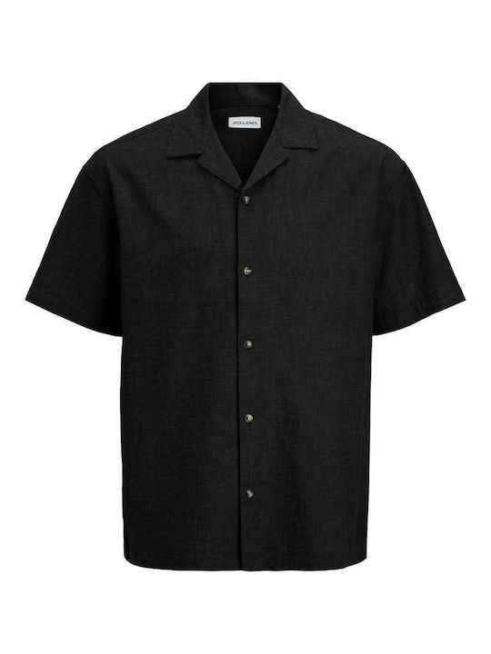 Resort Short Sleeve Linen Shirt in Wide Line Black