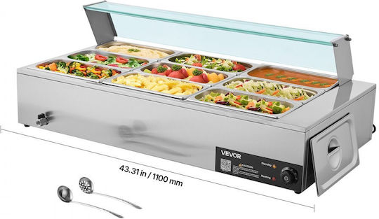 Vevor Commercial Food Warmer 1500w Electric Stainless Steel Steam Food Warmer Glass Cover Tabletop Buffet Bain Marie 9 Slots Soup Ladles & Slotted Catering Restaurant & Party