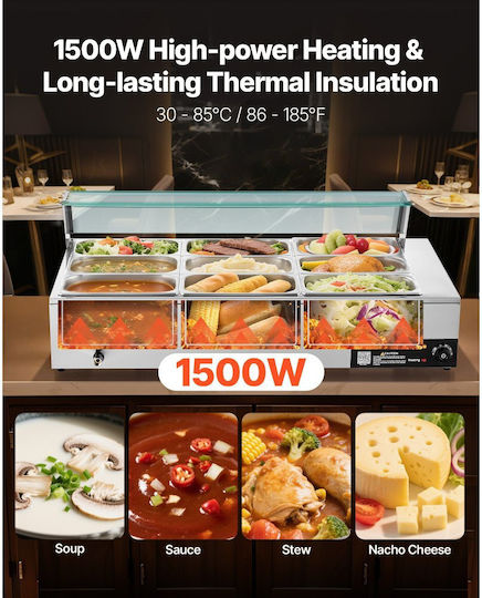 Vevor Commercial Food Warmer 1500w Electric Stainless Steel Steam Food Warmer Glass Cover Tabletop Buffet Bain Marie 9 Slots Soup Ladles & Slotted Catering Restaurant & Party