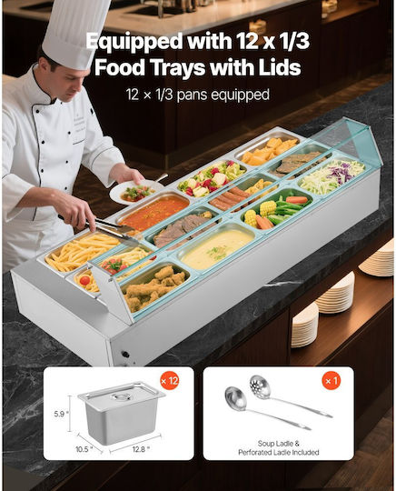 Vevor Commercial Food Warmer Electric Food Warmer Steam 1700w Stainless Steel Glass Cover Tabletop Bain Marie Buffet 12 Containers Soup Ladles & Slotted Catering Restaurant & Party