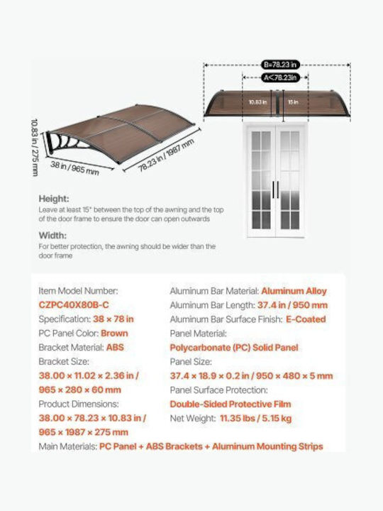 Vevor Polycarbonate Door / Window Canopy Roof P78xW38cm