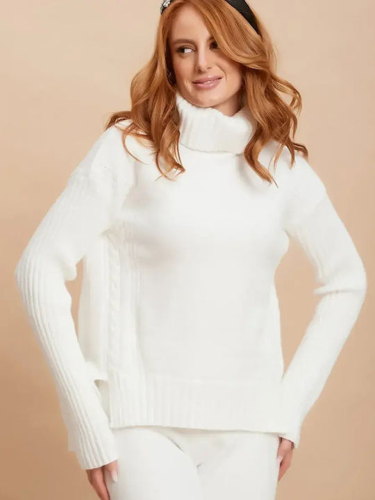 Set Tricotat Pantaloni Bluza Guler Înalt Alb Mărime One Size