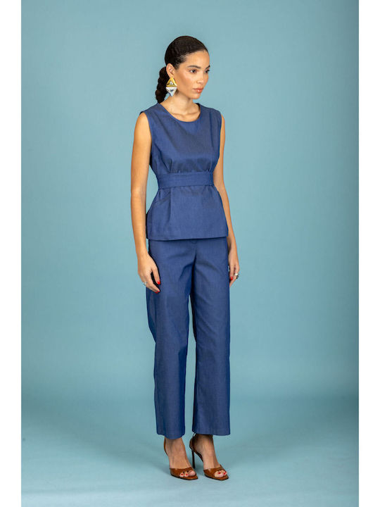 Women's Fabric Trousers in Loose Fit Blue