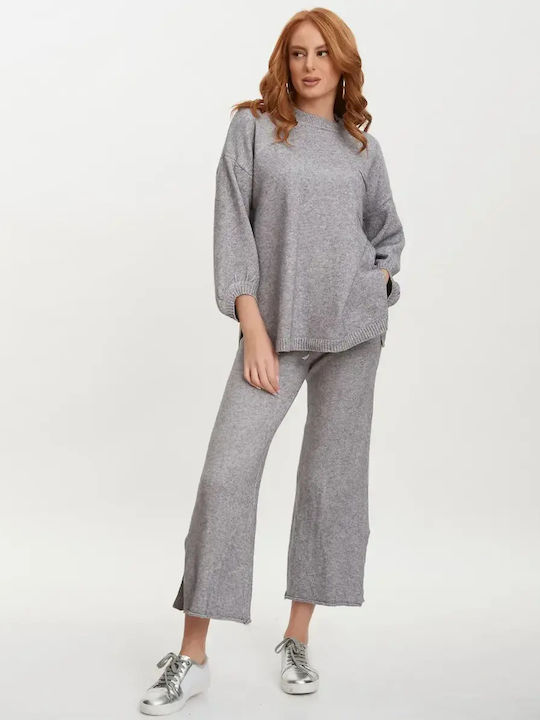 Knitted Set Trousers Blouse Scarf Gray Size One Size