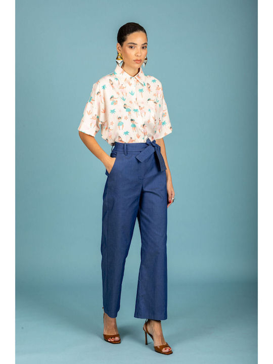 Women's Fabric Trousers in Loose Fit Blue
