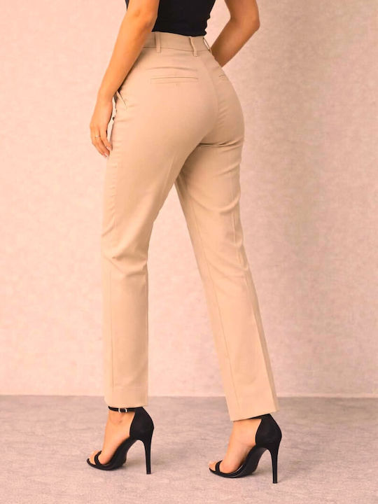 Women's High Rise Fabric Trousers in Straight Leg Beige