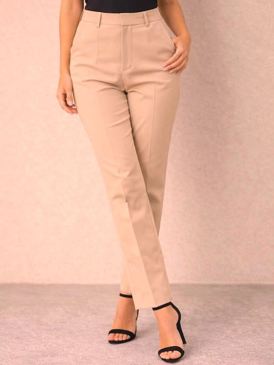 Women's High Rise Fabric Trousers in Straight Leg Beige
