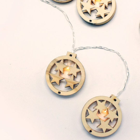 Wooden Christmas Motifs Round Star 10 LED String Battery 3xAA with Timer 6on/18off