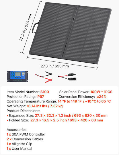 Vevor ZDDKTYNB1100BEZX3001V2 Monocrystalline Solar Panel 100W