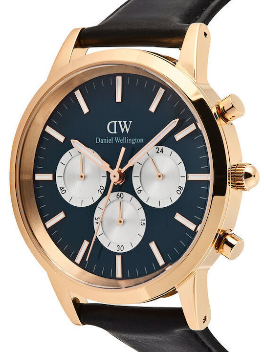 Daniel Wellington Iconic Ανδρικό Ρολόι Χρονογράφος Μπαταρίας με Μαύρο Δερμάτινο Λουράκι