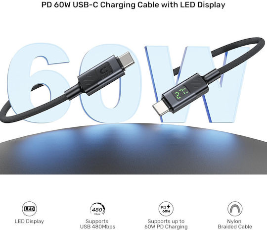 Unitek Braided / LED USB 2.0 Cable USB-C male - USB-C 60W PD 2m
