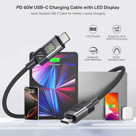 Unitek Braided / LED USB 2.0 Cable USB-C male - USB-C 60W PD 1m