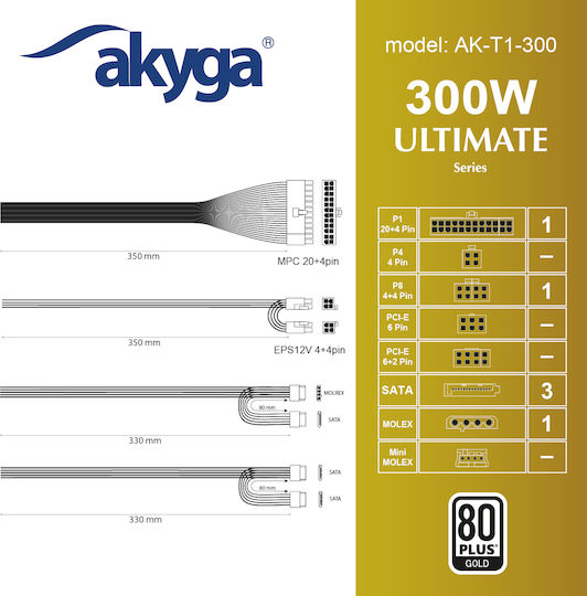 Akyga 300W Black Computer Power Supply Full Wired (AK-T1-300)