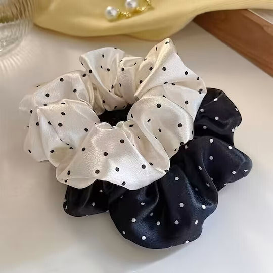 By Queen Scrunchie Satin Polka Dot Black Base Ecru Random Selection
