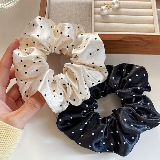 By Queen Scrunchie Satin Polka Dot Black Base Ecru Random Selection